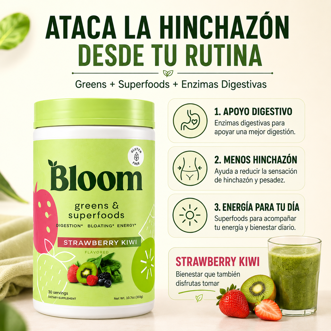 Bloom Strawberry Kiwi — energía y digestión en cada sorbo