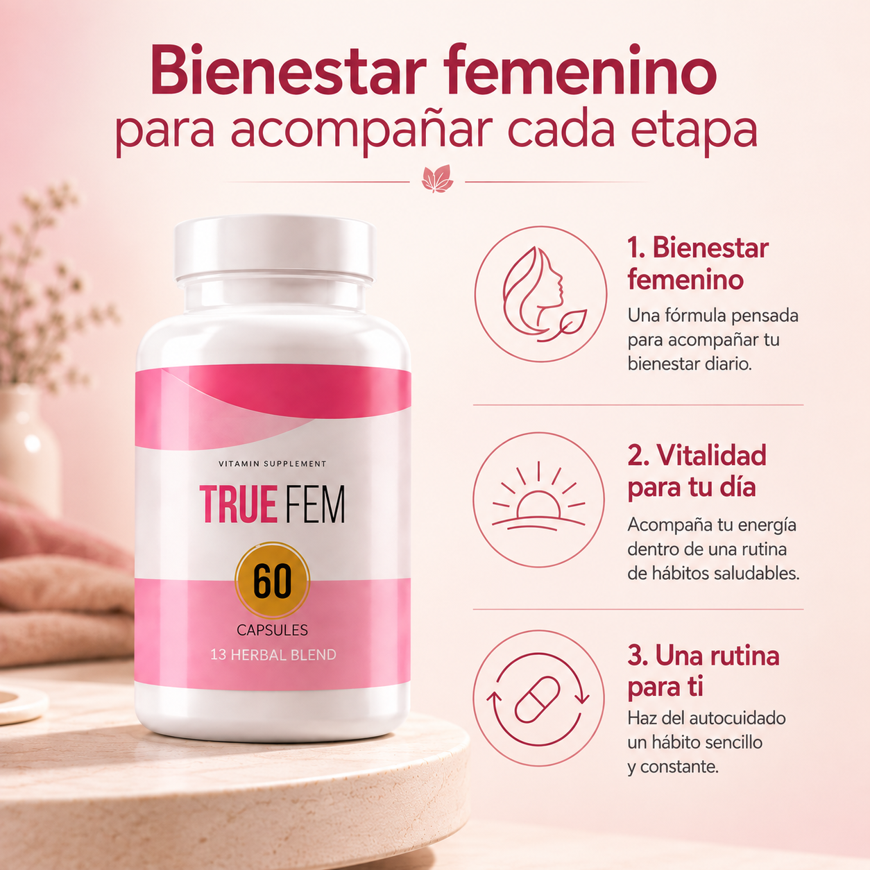 True Fem — Equilibrio hormonal femenino natural, 60 cápsulas