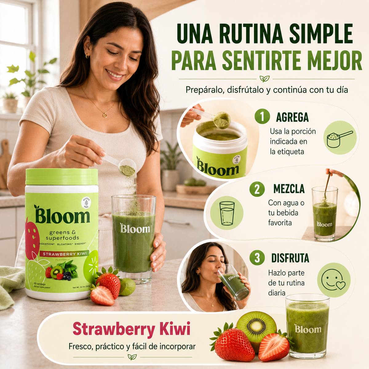 Bloom Strawberry Kiwi — energía y digestión en cada sorbo